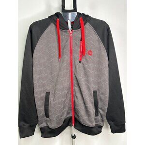 Akademiks Men's XL Hoodie Jacket Black Gray Red Accents Zipper Hexagon Cube Grid